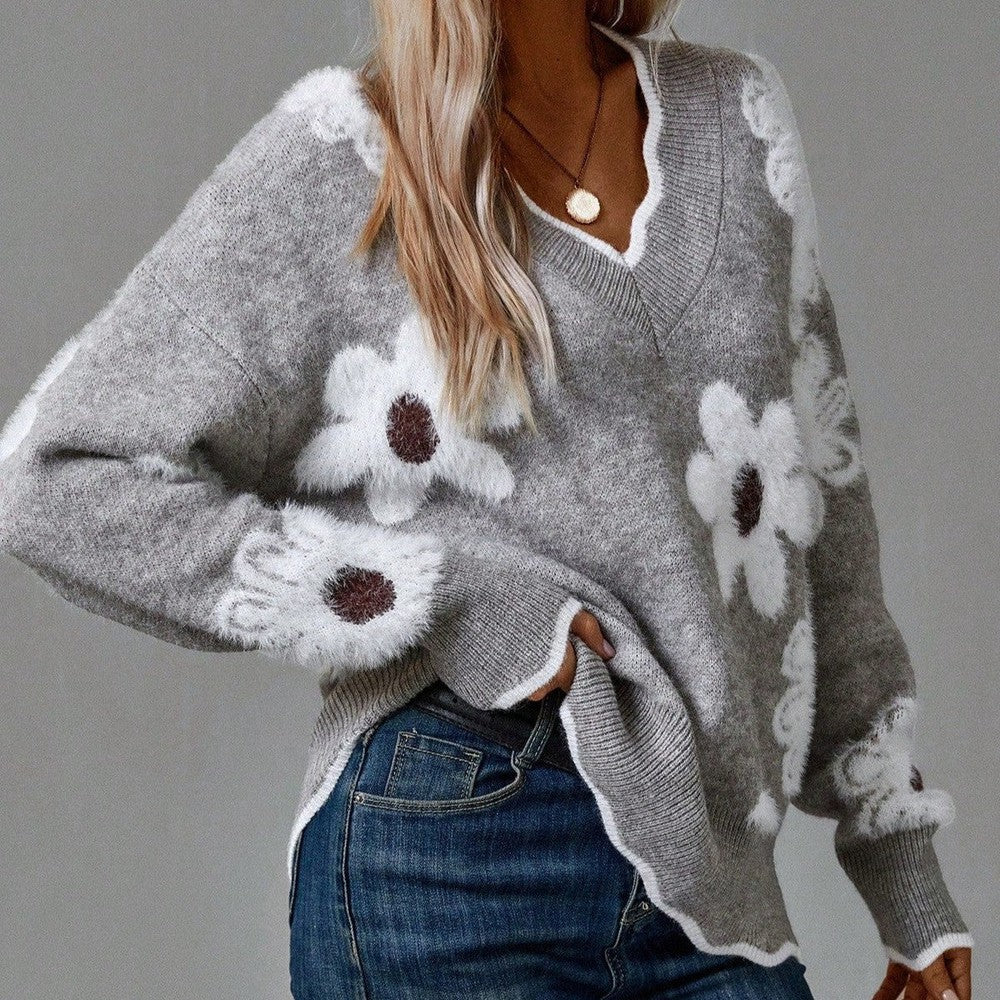 ALEXIA | ELEGANT V-NECK FLORAL SWEATER