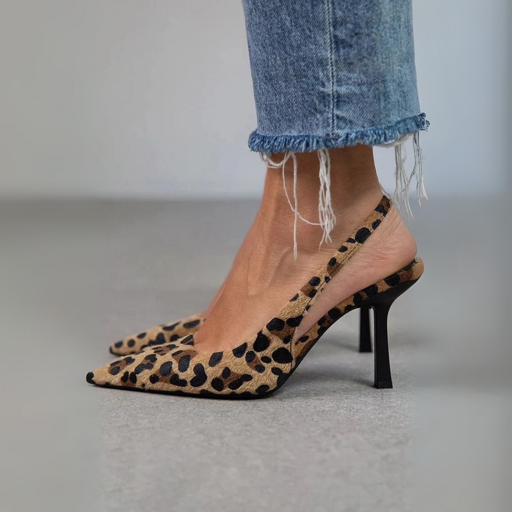 CEYDA - POINTED TOE LEOPARD PRINT SLINGBACK KHAKI STILETTO HEELS