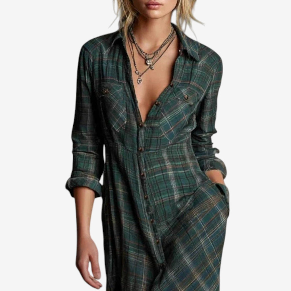 SAGE - PLAID MAXI SHIRT DRESS IN BOHO STYLE