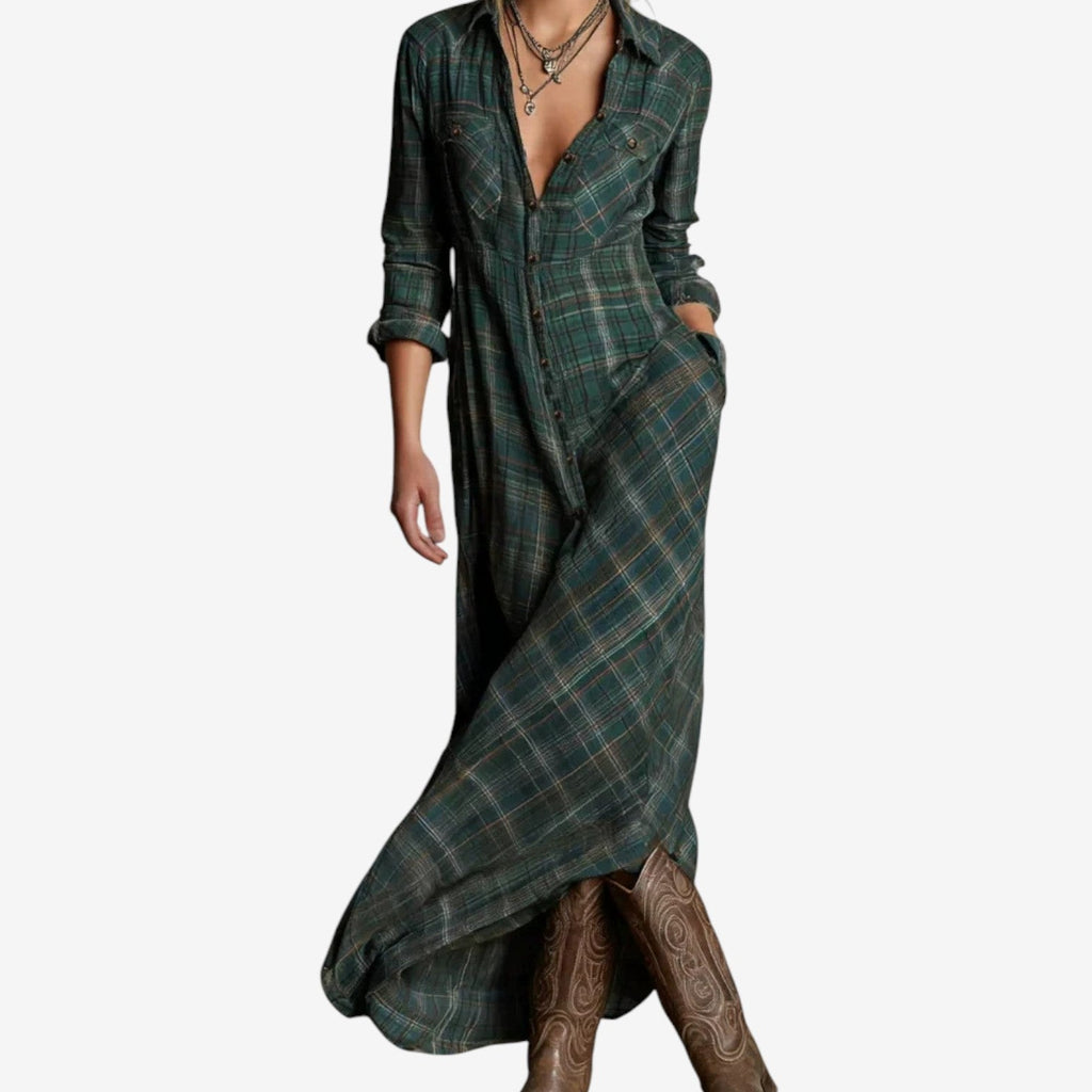 SAGE - PLAID MAXI SHIRT DRESS IN BOHO STYLE