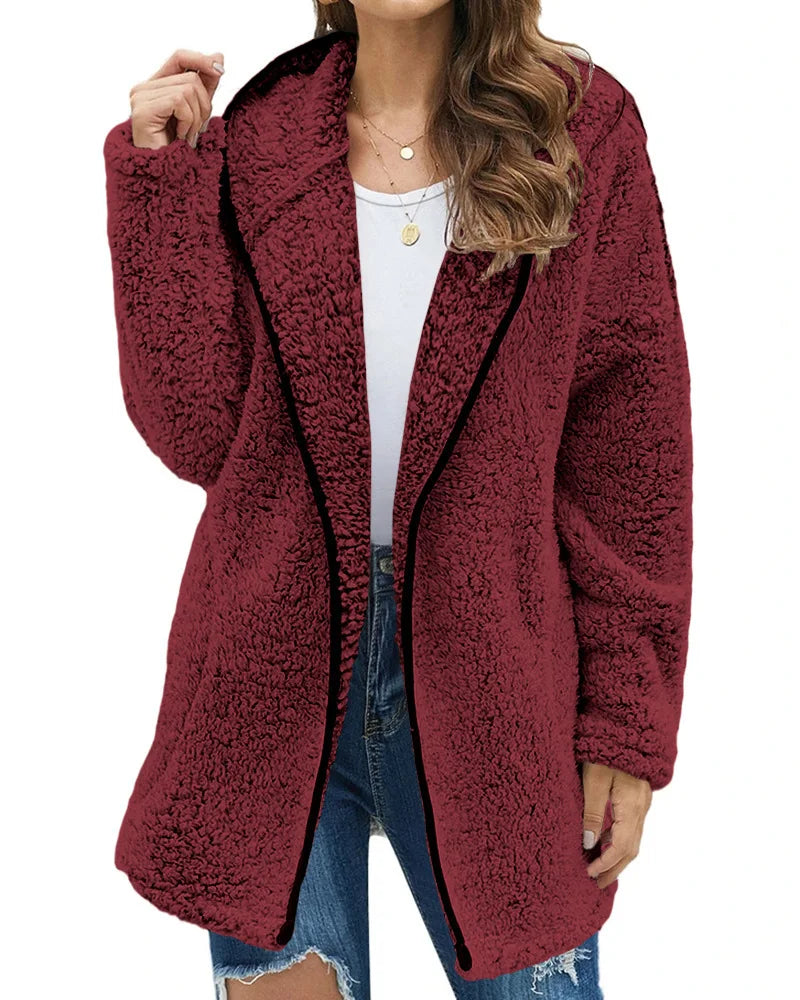 DAPHNE LONG FLEECE COAT – PLUSH TURN DOWN COLLAR STYLE